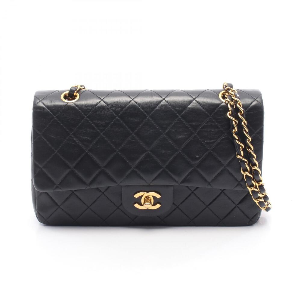 Chanel Matelasse Double Flap Shoulder Bag Lambskin Sheepskin Black